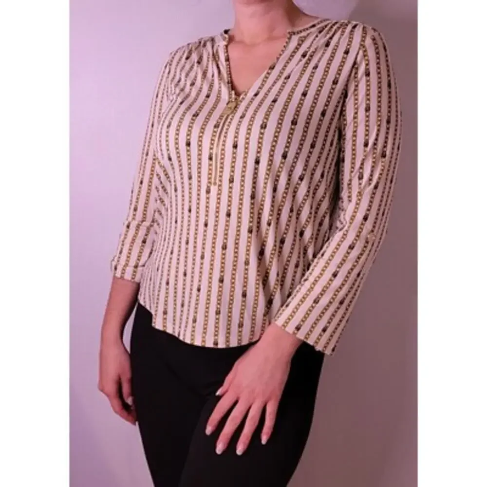 Michael kors gold chain print long sleeve Career office casual EUC M Stretch